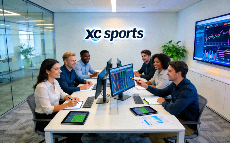 xc sports现代化办公室内团队协作讨论体育数据的场景